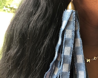Pendientes colgantes extralargos de mezclilla deshilachada