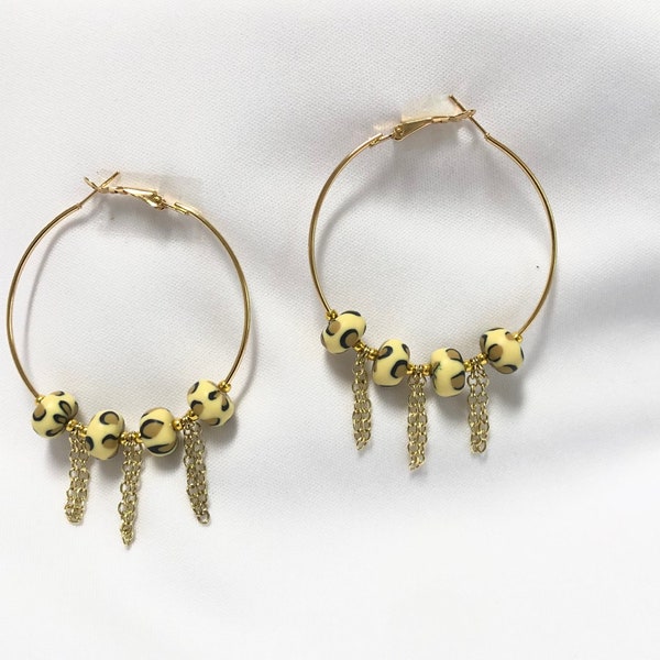 Just a little animal in all of us!  Medium Nickel Free Hoop Earrings, Polymer Print Beads, with Accent Chains