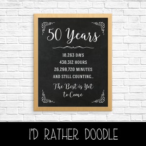May include: Black chalkboard sign with white text that reads "50 Years", "18,263 Days", "438,312 Hours", "26,298,720 Minutes", "And Still Counting...", "The Best is Yet to Come".