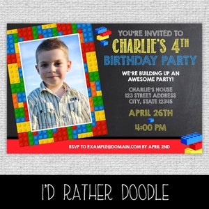 May include: A birthday party invitation with a Lego theme. The invitation features a photo of a young boy, a Lego brick border, and the text "You're invited to Charlie's 4th Birthday Party".