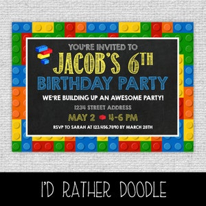 Bricks Birthday Invitation - Bricks Invitation - Primary Colors Bricks Chalkboard Invite - Bricks Invite - Custom Building Blocks Invitation