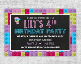 Bricks Birthday Invitation - Bricks Invitation - Girl Colors Bricks Chalkboard Invite - Bricks Invite - Custom Building Blocks Invitation