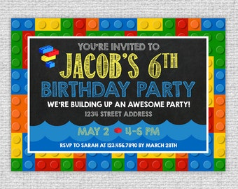 Bricks Pool Birthday Invitation - Bricks Invitation - Primary Colors Bricks Chalkboard Invite - Bricks Invite - Bricks Pool Party