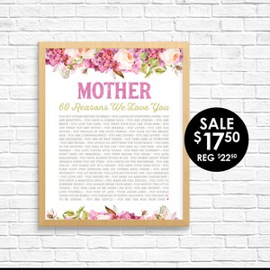 Reasons We Love Mom - Reasons We Love Mother - Mother&#39;s Day Gift - Reasons We Love You - Boho Floral Watercolor - Printable Sign