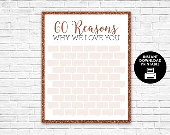 Op de afbeelding: Printbare '60 redenen waarom we van je houden'-bord met een koperen glitterrand. Het bord heeft een witte achtergrond met 60 spreekbellen om in te schrijven. Het bord is perfect voor een verjaardagsfeestje of een jubileumviering.