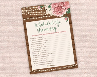 Bridal Shower Game - What Did the Groom Say - Printable Bridal Shower Game - Rustic Wood, Floral, Lights - Digital