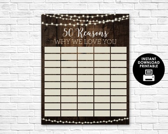 50 Reasons Why We Love You - Wood and Lights - Reasons We Love You - 50 Reasons - Printable Poster - Birthday - Anniversary - Digital Sign