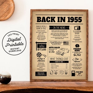 Cartel de periódico con el 70.° cumpleaños en estilo sepia de 1955. Póster de cumpleaños DIY, descarga instantánea, imprimible para un regalo único o decoración de fiesta para el 70.° cumpleaños.