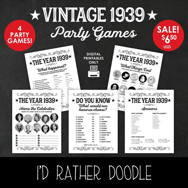 Vintage 1939 Birthday Party Games - Four Games - 81st Birthday Party Games - Vintage Design - Printable Birthday Party - Instant Download