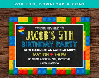 Bricks Chalkboard Birthday Invitation - 7"x5" - Blocks Editable Invite - Instant Download