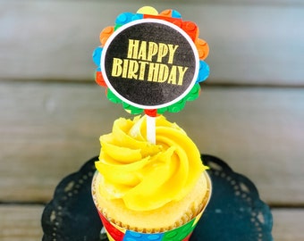 Bricks Cupcake Toppers - Editable Birthday Party Decor - Bricks Chalkboard Cupcake Toppers - Instant Access Digital Printable