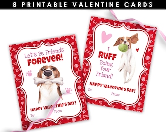 May include: Two printable Valentine's Day cards featuring a cartoon dog. The first card says "Let's Be Friends Forever!" and the second card says "I Ruff Being Your Friend!" Both cards have a red background with pink hearts and bone patterns.