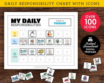 Daily Responsibilities Chore Chart with Icons - Printable Chore Chart - Day/Night - Daily CheckList - Task Sign - Daily Routine