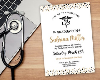 Editable LPN Gold Confetti Nursing Graduation Invitation - Nurse Graduation Invite - Digital Printable - 4"x6" and 5"x7" Included