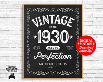May include: Black and white printable sign with the text "Vintage Est. 1930 Aged to Perfection Authentic Parts (Mostly)" and decorative swirls. The sign also includes the text "Limited Edition" and "One of a Kind".