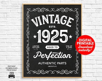 May include: Black and white printable sign with the text "Vintage Est. 1925 Aged to Perfection Authentic Parts (Mostly)" and the text "Digital Printable Download instantly!" in a red circle.