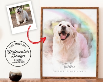 May include: A watercolor painting of a white dog with a rainbow background. The dog is smiling and has a pink nose. The text "Tucker" is written below the dog, and the text "Forever in our hearts" is written below that.