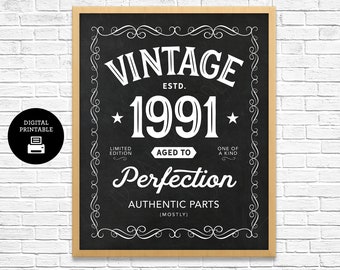 Aged to Perfection Sign - Vintage 1991 Chalkboard Sign - 1991 Sign - 30th Birthday - 30 - 16"x20" - Instant Download - Printable File