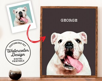 May include: A watercolor painting of a white bulldog with a pink tongue sticking out. The dog's name, "GEORGE", is written in white text at the top of the painting. The painting is framed in a brown wooden frame.