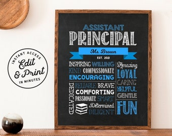 Editable Assistant Principal Chalkboard Sign - Digital Printable - Assistant Principal Appreciation Gift - Blue - Instant Access