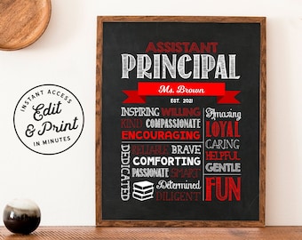 Editable Assistant Principal Chalkboard Sign - Digital Printable - Assistant Principal Appreciation Gift - Red - Instant Access