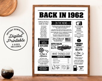 Back in 1962 - Newspaper Sign - Events - Birthday Newspaper Poster - Instant Download - 3 Sizes - DIY - Instant Download Printable