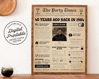 40th Birthday Gift, 40th Birthday Newspaper Poster Sign, 40 Birthday Vintage Party Decor, 40 Years Ago Back in 1984, 1984 Highlights