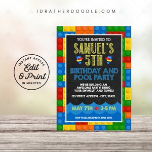 May include: A colorful birthday party invitation with a Lego-themed border. The invitation reads "You're invited to Samuel's 5th Birthday and Pool Party." Includes the date, time, and RSVP information. The words "Instant Access Edit & Print in Minutes" are also visible.