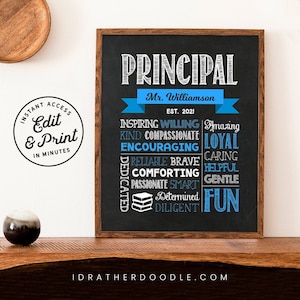 Editable Principal Chalkboard Sign - Digital Printable - Principal Appreciation Gift - Blue - Instant Access