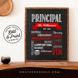 Editable Principal Chalkboard Sign - Digital Printable - Principal Appreciation Gift - Red - Instant Access