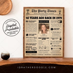 45th Birthday Gift, 45th Birthday Newspaper Poster Sign, 45 Birthday Vintage Party Decor, 45 Years Ago Back in 1979, 1979 Highlights