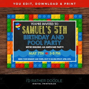 May include: A colorful invitation for a pool party with a Lego theme. The invitation features a chalkboard background with the text "You're invited to Samuel's 5th Birthday and Pool Party. We're building an awesome party!"  The date and time are listed as "May 7th 3-5 PM". The invitation is surrounded by a border of colorful Lego blocks.
