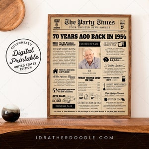 70er Geburtstagsgeschenk, 70er Geburtstag Zeitung Poster Zeichen, 70er Geburtstag Vintage Party Dekoration, vor 70 Jahren zurück im Jahr 1954, 1954 Highlights