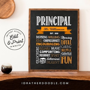 Editable Principal Chalkboard Sign - Digital Printable - Principal Appreciation Gift - Orange - Instant Access