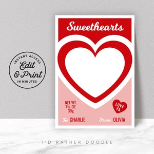EDITABLE Sweethearts Cookie Card - 3.5"x5" Valentine Cookie Card - Conversation Hearts - Imprimable - Instant Access - Instant Download