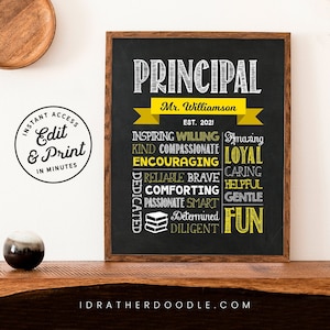Editable Principal Chalkboard Sign - Digital Printable - Principal Appreciation Gift - Yellow - Instant Access
