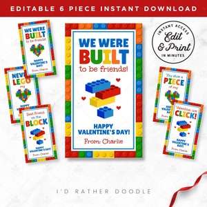 Editable Bricks Valentines 6 Piece Set - Built to Be Friends - Blocks Valentine - Preschool Classroom Valentine's Day Card Instant Download