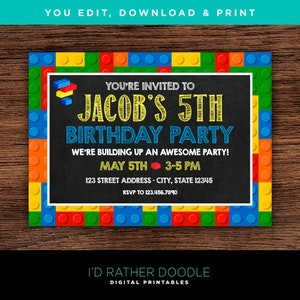 Bricks Chalkboard Birthday Invitation - 7"x5" - Blocks Editable Invite - Instant Download