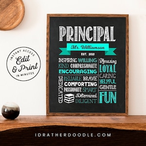 Editable Principal Chalkboard Sign - Digital Printable - Principal Appreciation Gift - Teal - Instant Access