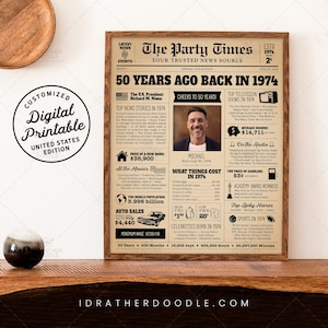 50th Birthday Gift, 50th Birthday Newspaper Poster Sign, 50 Birthday Vintage Party Decor, 50 Years Ago Back in 1974, 1974 Highlights