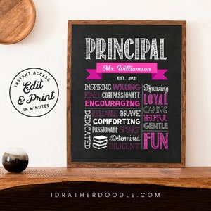 Editable Principal Chalkboard Sign - Digital Printable - Principal Appreciation Gift - Pink - Instant Access