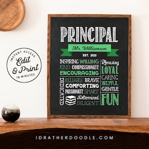Editable Principal Chalkboard Sign - Digital Printable - Principal Appreciation Gift - Green - Instant Access