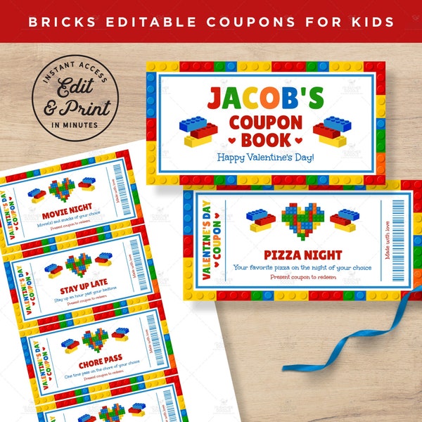 Valentine's Day Coupon Book for Kids - Building Blocks Valentine Coupons - Bricks Valentine Coupons - Instant Access