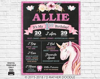 May include: A pink and black chalkboard style birthday sign with a unicorn illustration. The sign says "Allie It's My 1st Birthday!" and includes details like "20 pounds", "I am 29 inches", "I say mama, dada, bye bye", "I can walk a little, climb, crawl, wave bye-bye, give hugs", "I eat avocados, cheerios, bread, bananas", "Favourite book: Goodnight Moon", "I have little chompers", "Little Princess is my nickname".