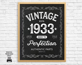 May include: Black and white printable sign with the text "Vintage Est. 1933 Aged to Perfection Authentic Parts (Mostly)" and decorative flourishes.