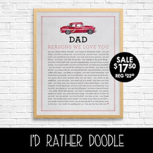 Dad Reasons We Love You - Father Reasons We Love You - Printable Custom Sign - Vintage Car - Watercolor - Gray and Red - Father&#39;s Day Gift