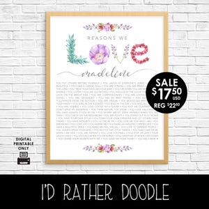 Boho Watercolor Floral LOVE - Reasons I Love You - Reasons We Love You  - 40 50 60 Reasons - Any Number - Custom Printable - Valentine Gift