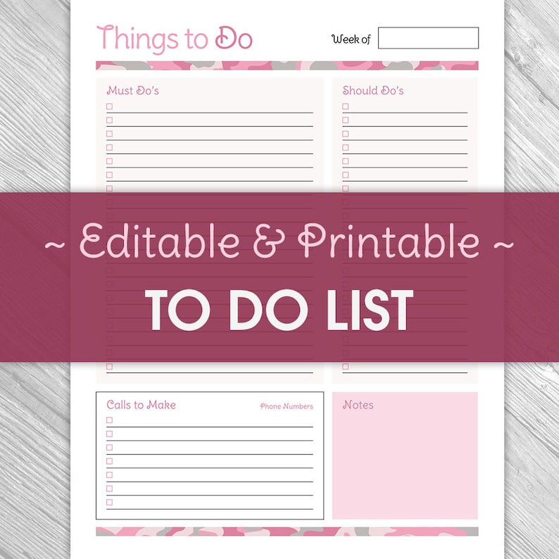 Printable editable to do list pink camouflage printable etsy