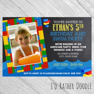 Custom Birthday Pool Party Invitation Bricks - Chalkboard Birthday Invite Printable / Boy Birthday / Girl Birthday / Bricks Birthday