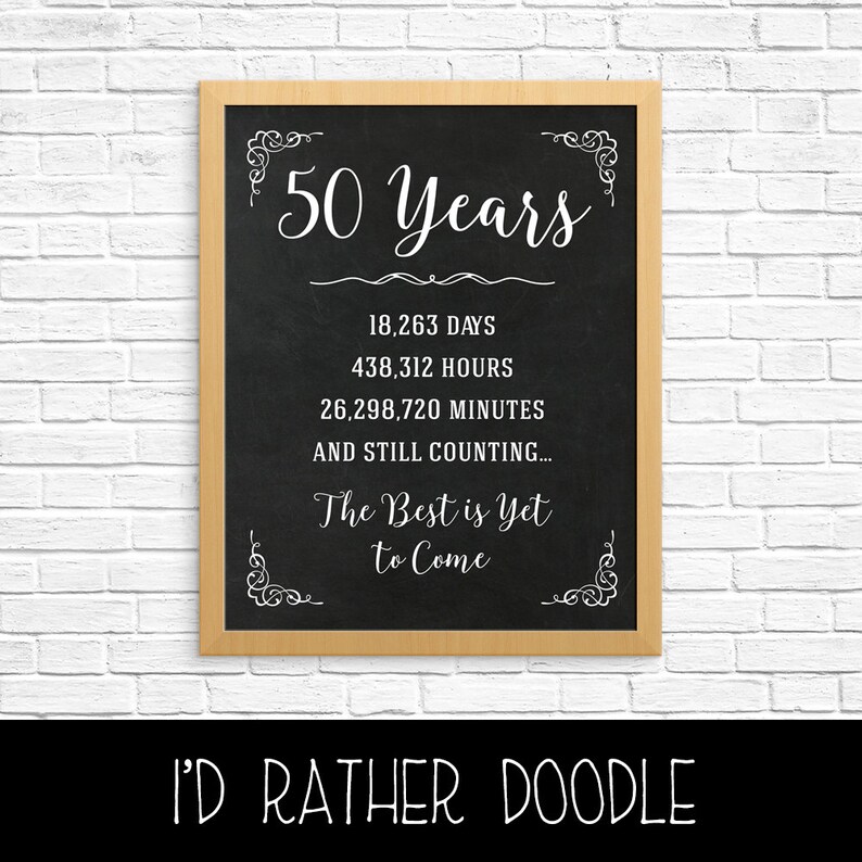 May include: Black chalkboard sign with white text that reads "50 Years", "18,263 Days", "438,312 Hours", "26,298,720 Minutes", "And Still Counting...", "The Best is Yet to Come".